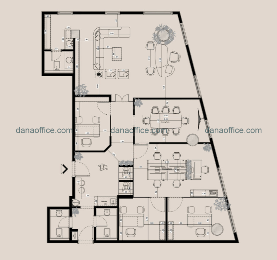 Mặt bằng thiết kế bố trí công năng nội thất văn phòng làm việc